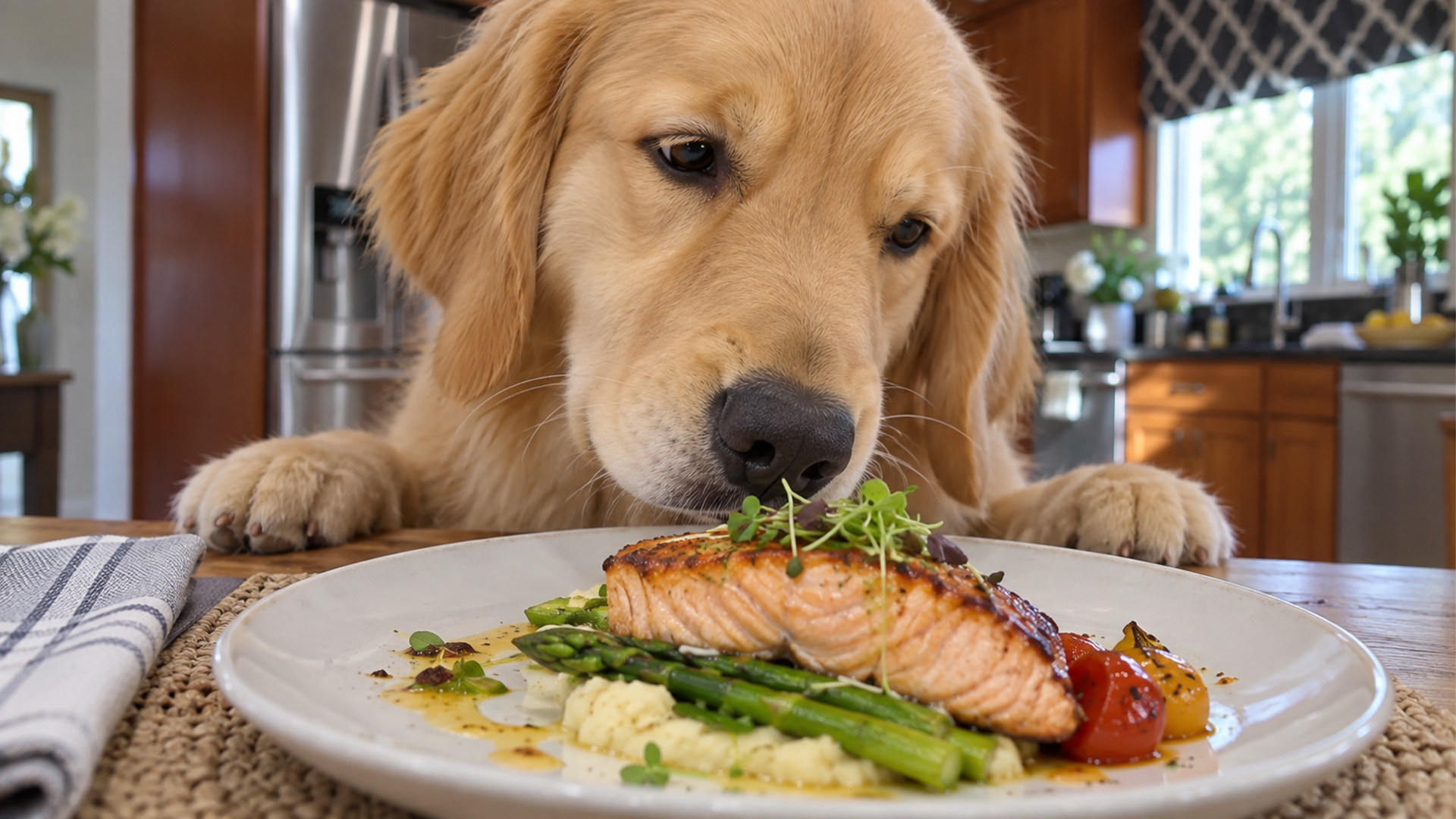 Golden retriever judges a gourmet meal