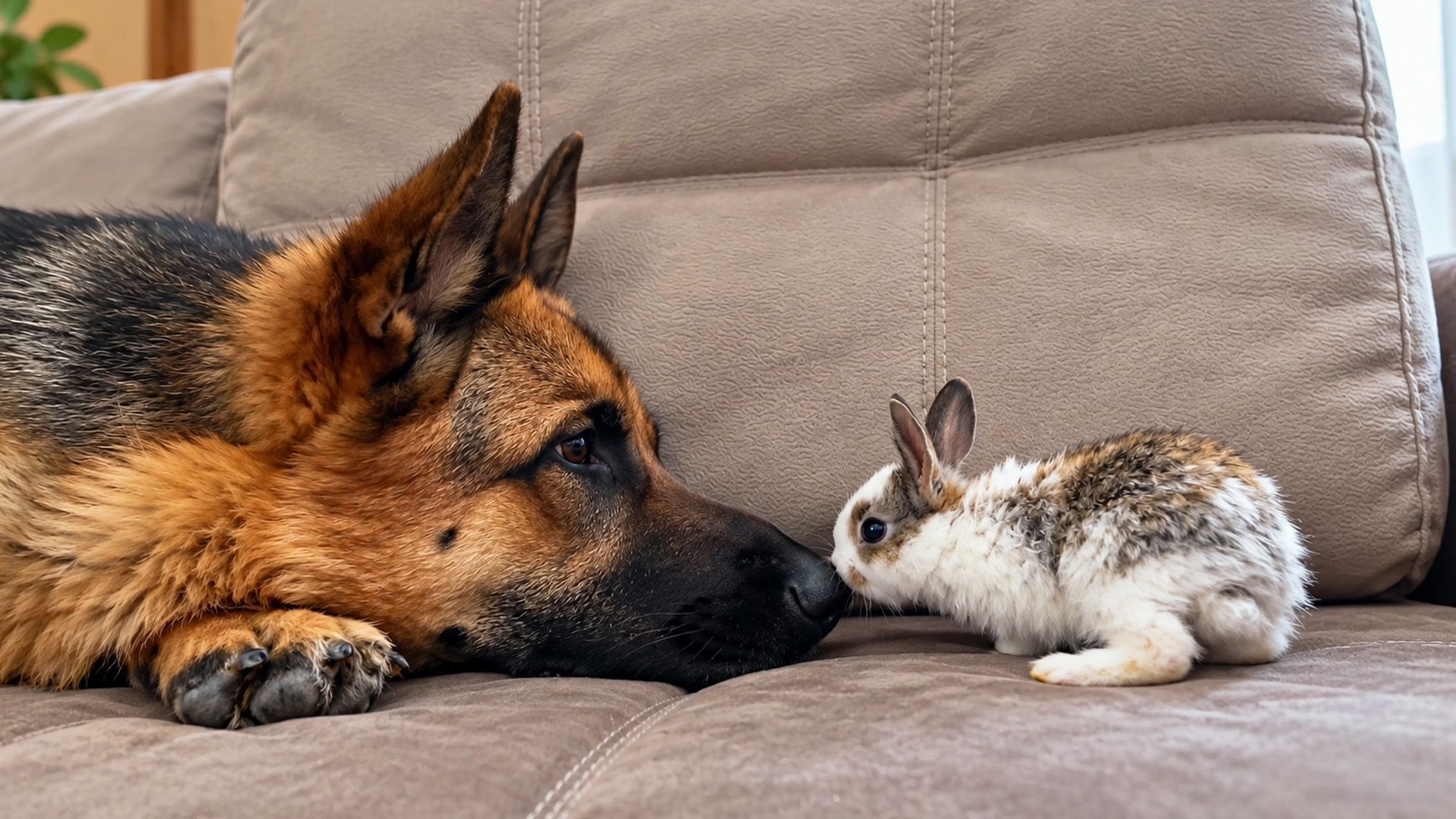 Baby bunny brings out German shepherd’s soft side