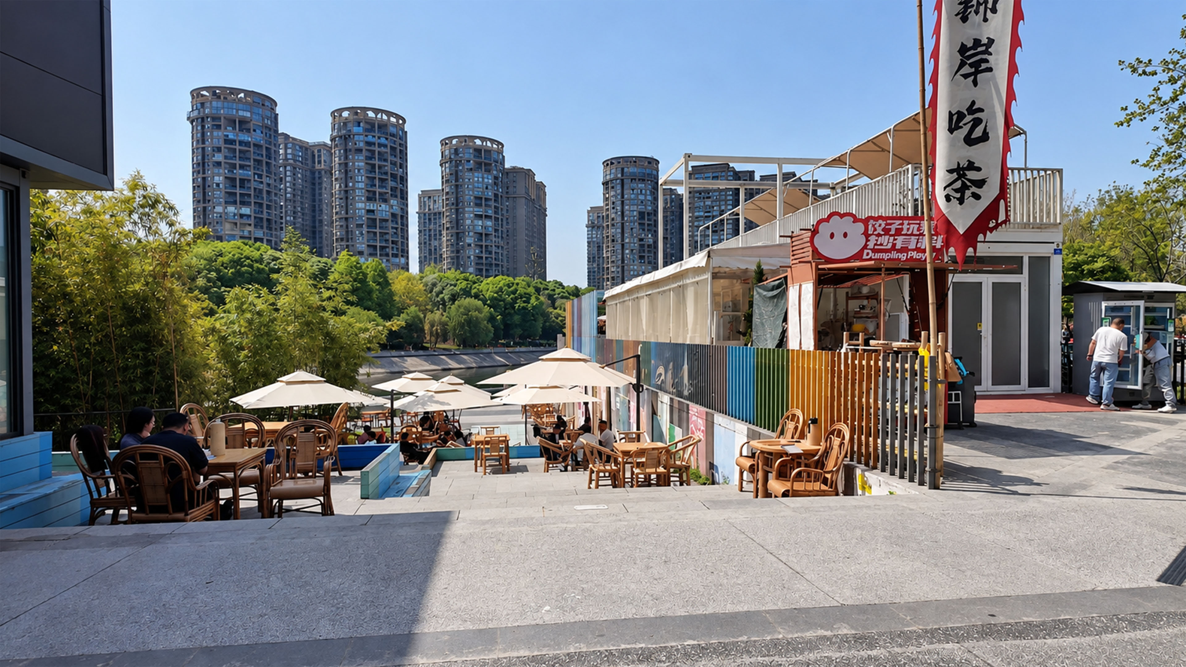 China hides a riverside cafe beneath giant residential towers