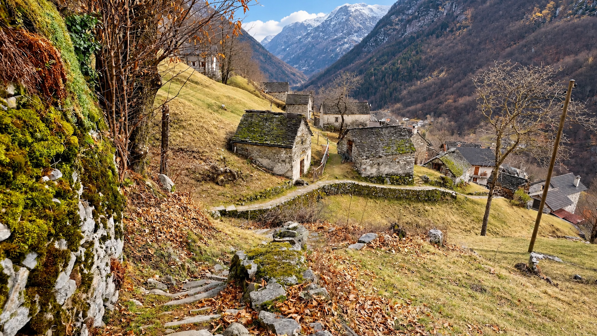 Lavertezzo ve Švýcarsku, nadčasová vesnice v údolí Valle Verzasca (4K)