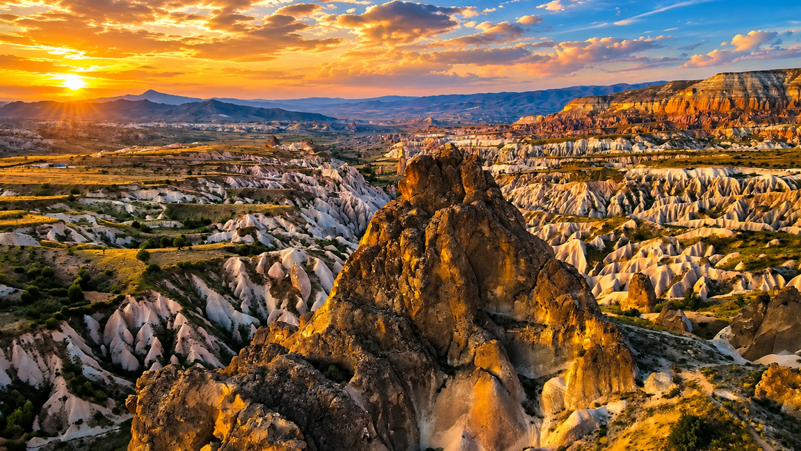 The extraordinary rock formations of Cappadocia at sunset
