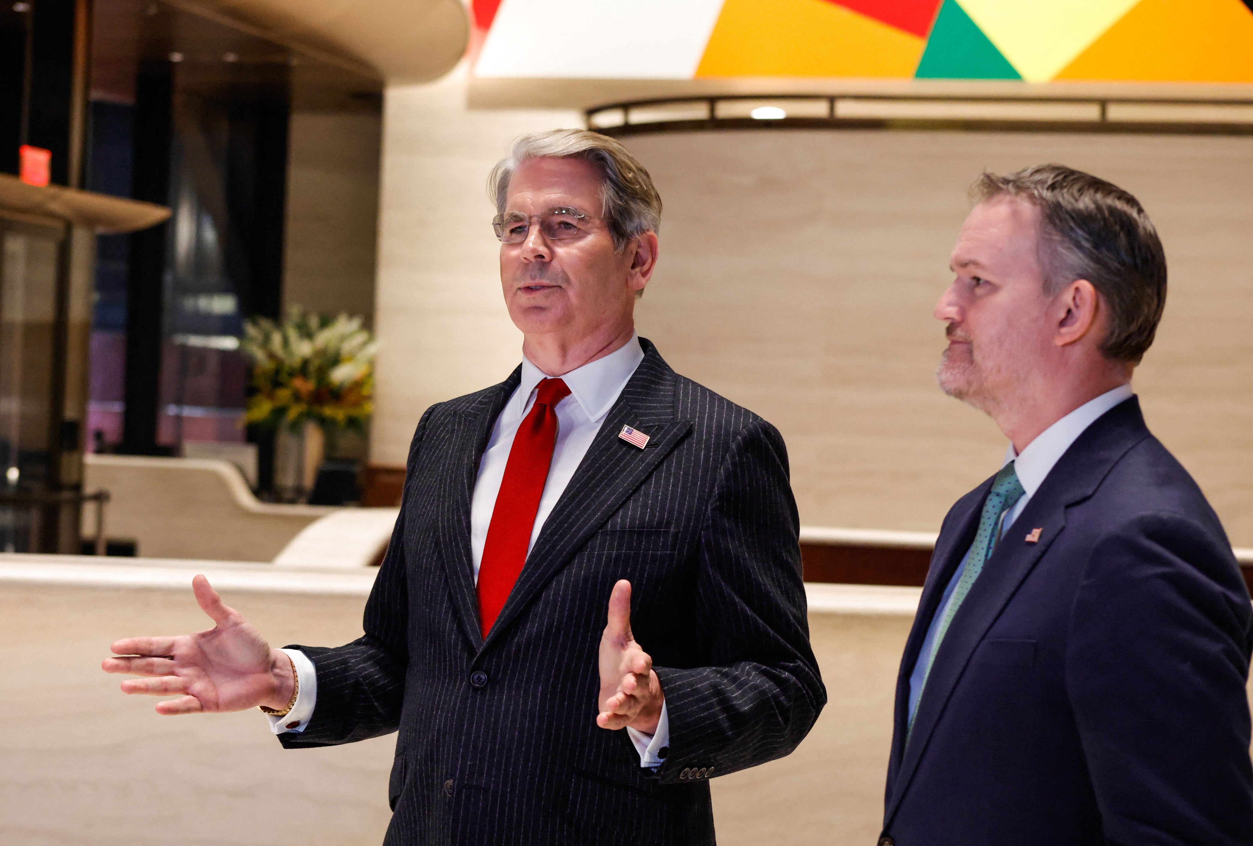US Secretary of the Treasury Scott Bessent speaks next to US Trade Representative Jamieson Greer (R) during a media briefing after a meeting with China's Vice Premier He Lifeng in New York on 20 September 2026 (AFP/Getty)