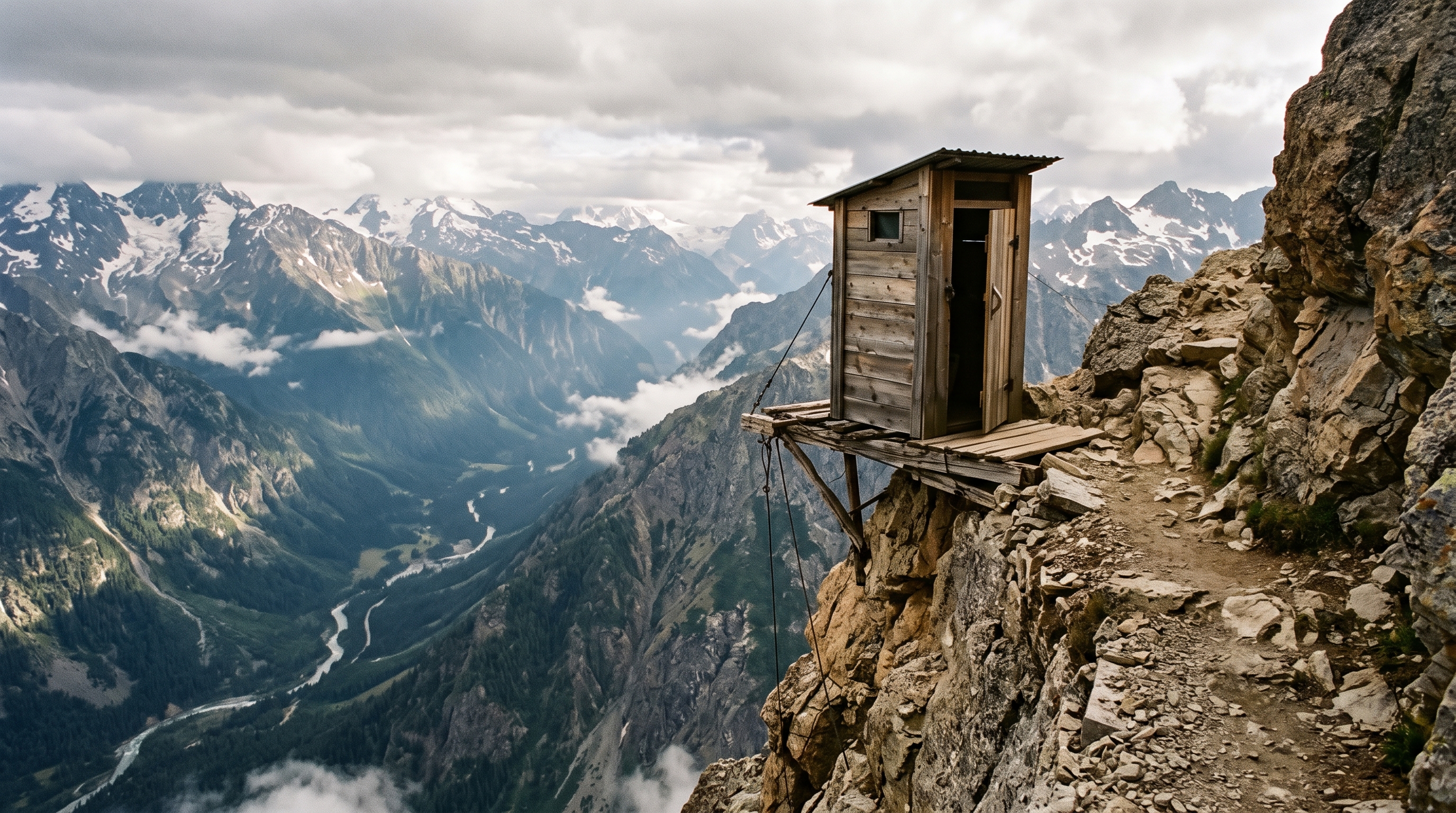 This toilet is hanging over a giant drop - one slip and you’re done