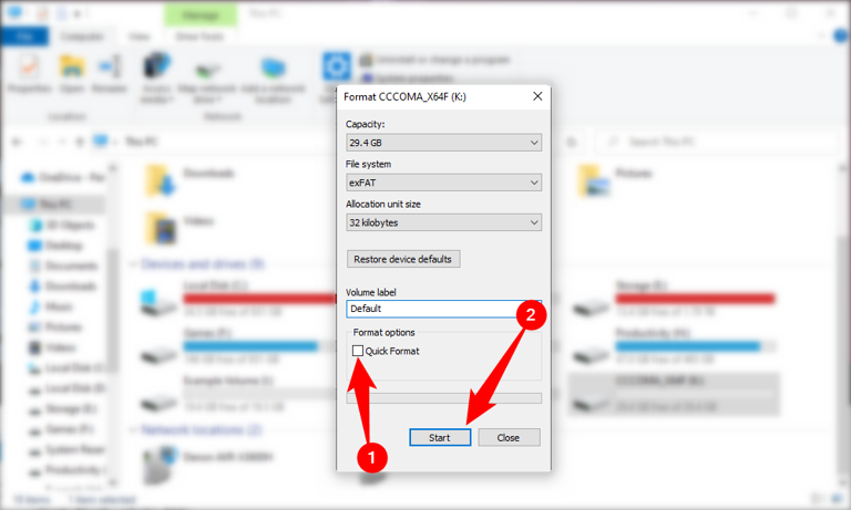 Untick "Quick Format" then click "Start."