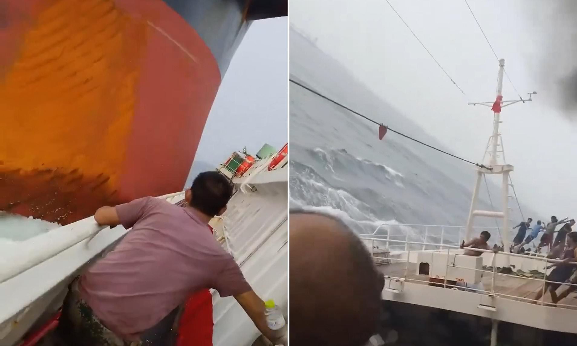 Moment 750ft cargo ship slams into a fishing vessel leaving crew ...