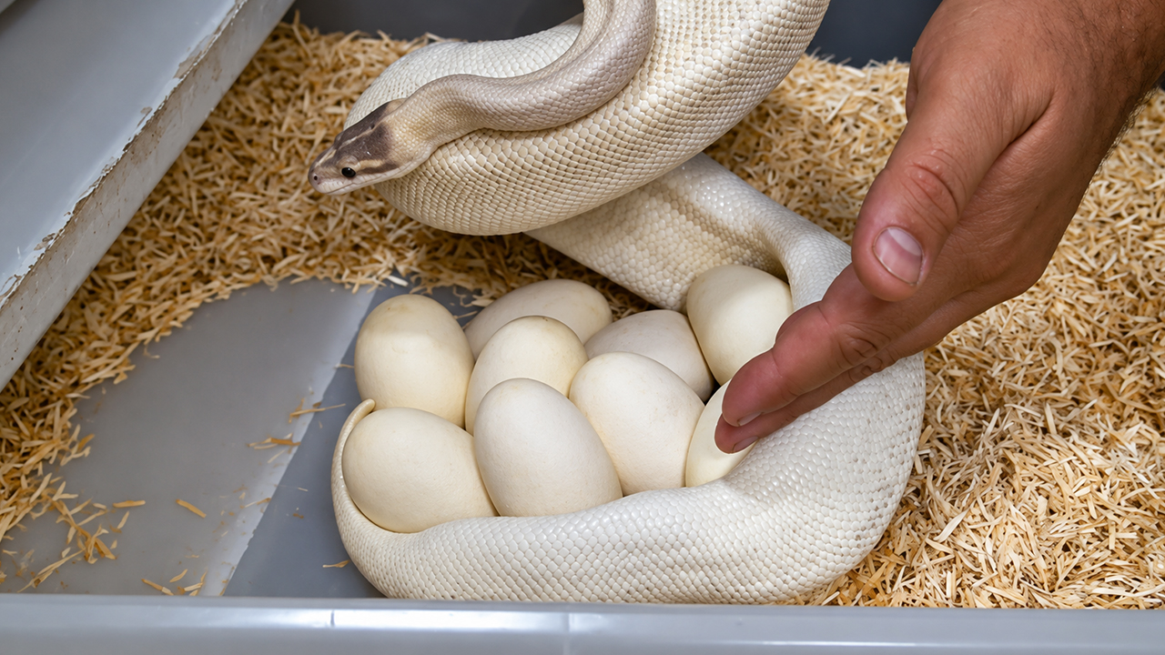 White snake clutch reveals beautiful blue-eyed Lucy python eggs