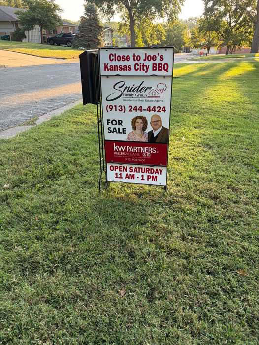 Real estate sign promotes home for sale near Joe’s Kansas City