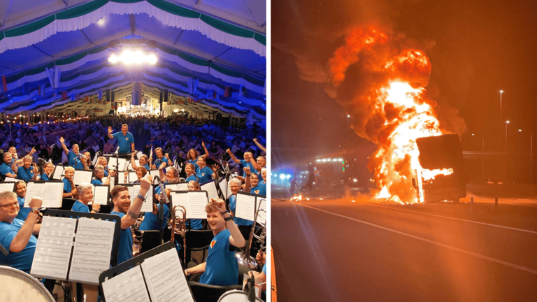 60 muzikanten ontkomen aan busbrand op snelweg, fanfare is wel ...