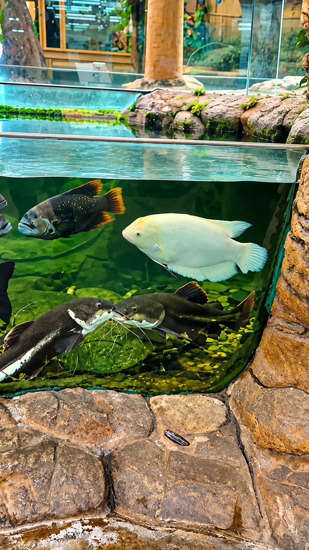 A funny moment at the zoo as aquarium fish appear to be kissing