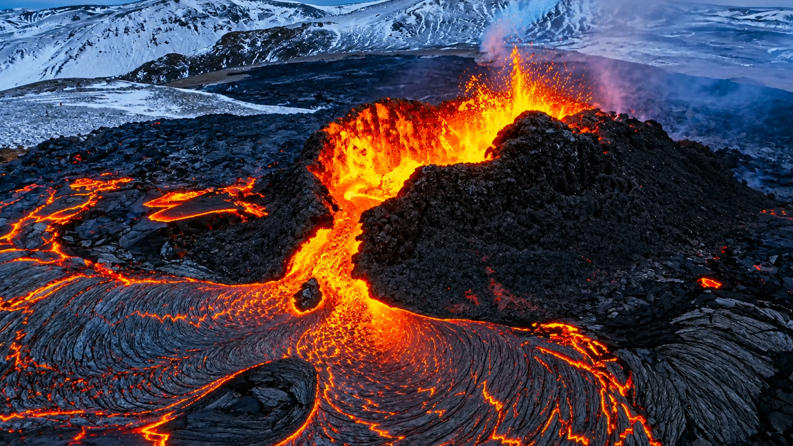Fresh lava spills from an active volcanic crater
