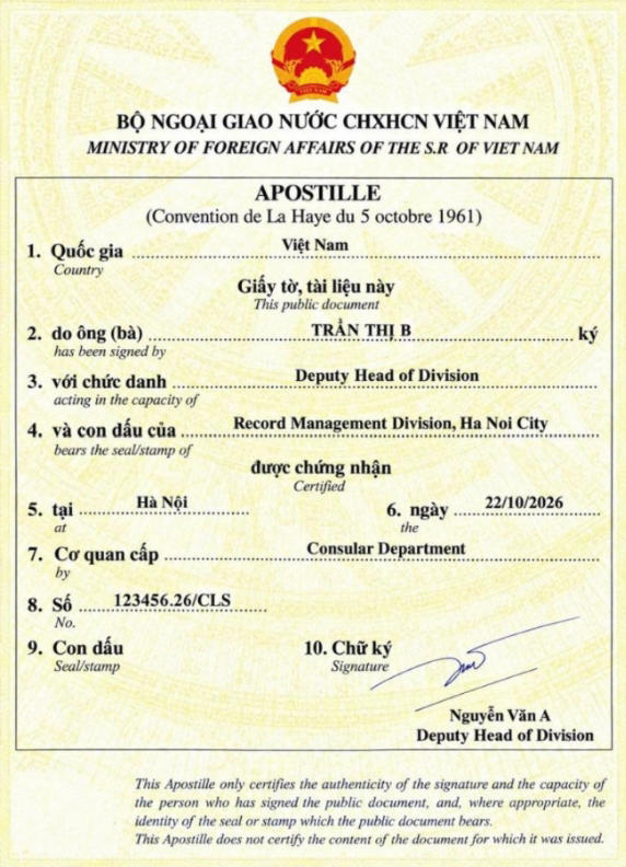 Mẫu chứng nhận Apostille của Việt Nam triển khai từ ngày 11/9/2026. Ảnh: BNG