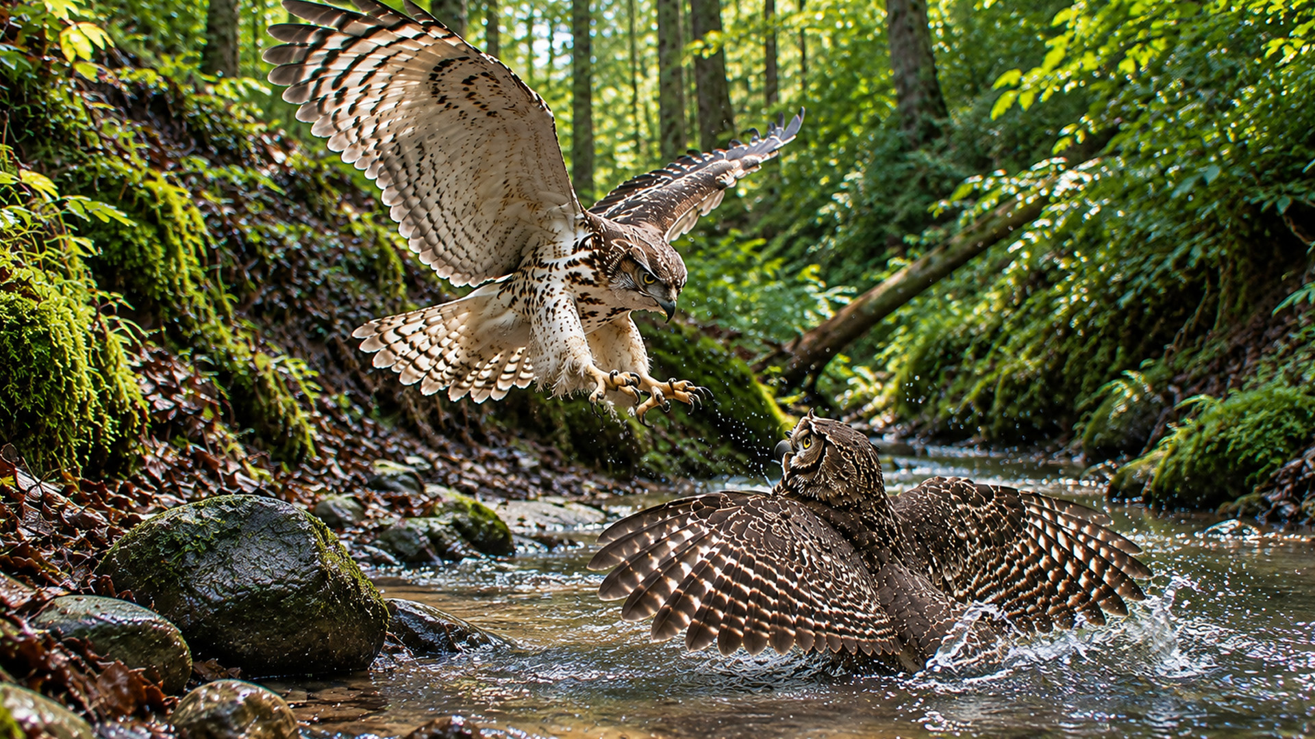 Camera trap captures a goshawk confronting an owl in a forest stream