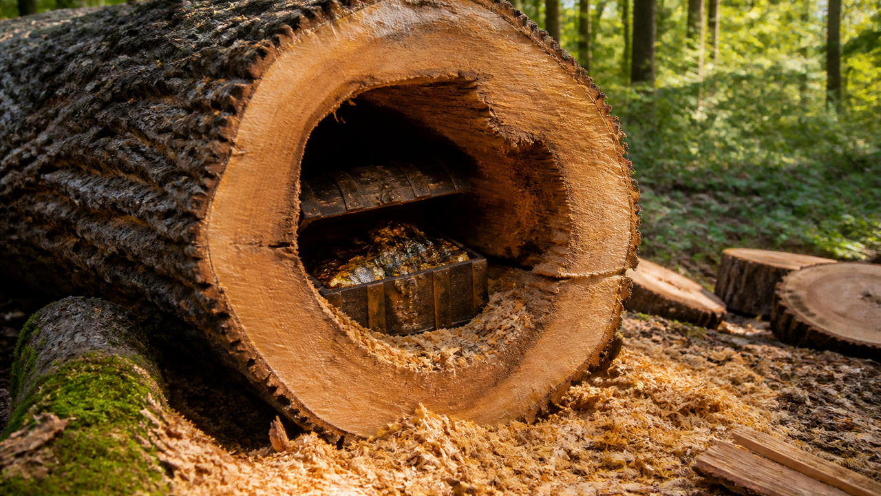 Old log is cut open to reveal a hidden treasure sealed inside for years