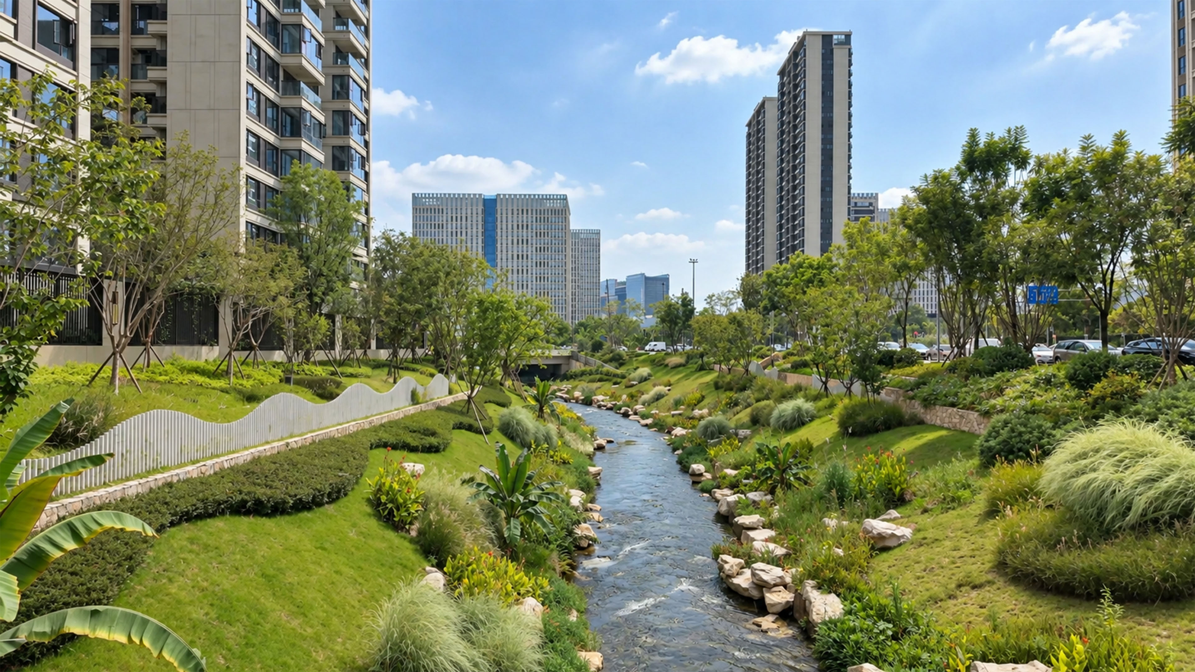 A beautiful urban stream flows between modern high rises in China