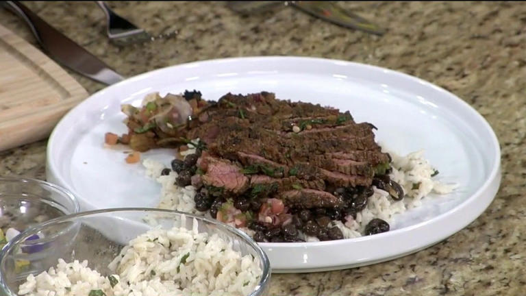 Carne asada recipe with coconut jasmine rice and black beans