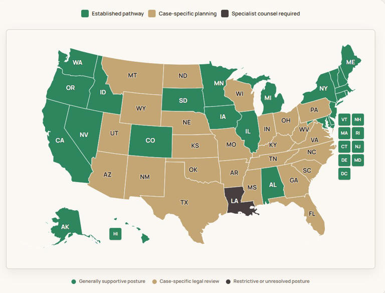 The website also maps the 25 states providing a “generally supportive posture” for the child to easily obtain US citizenship, advising foreign parents to familiarize themselves with the laws in each state when selecting a surrogate. (Only one state, Louisiana, is colored black for “restrictive or unresolved posture”). patriotconceptions.com