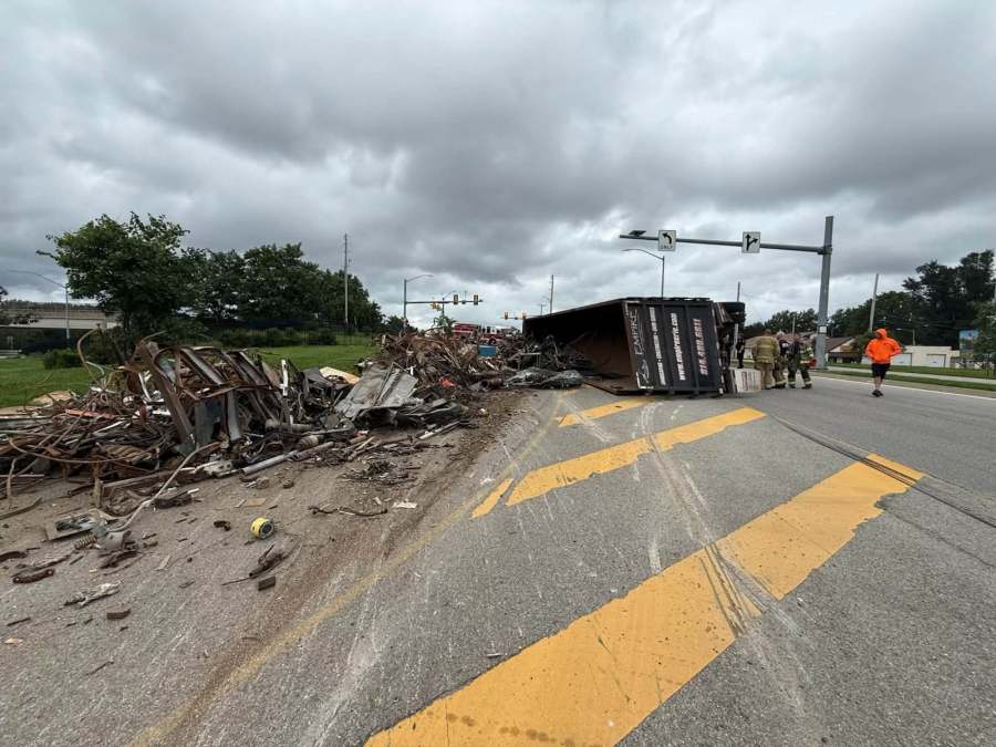 Semi truck overturns, spills scrap metal on Bayfront Pkwy. ramp