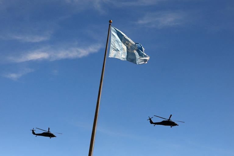 Military helicopters flying over the United Nations plaza Monday amid heightened security for the U.N. General Assembly.