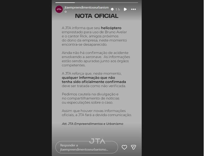 A JTA disse, em nota, que seu helicóptero foi emprestado para uso de Bruno Avelar e do cantor Rick, amigos próximos do dono da empresa. Foto: Reprodução/Instagram