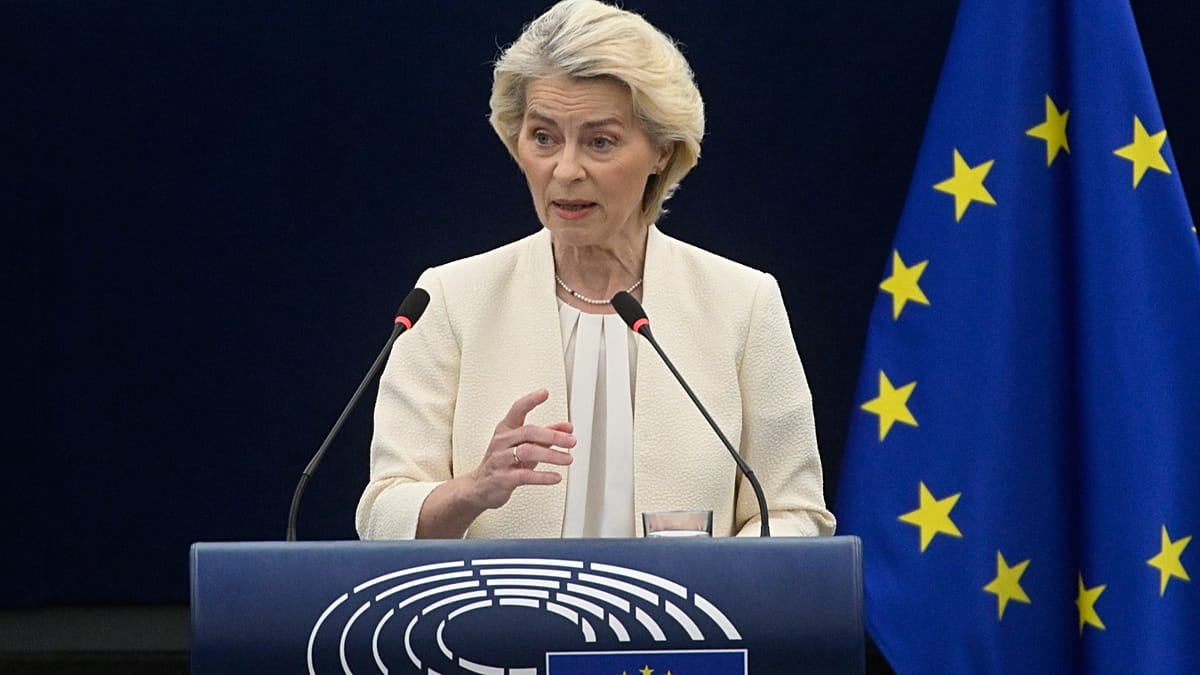 FILE - European Commission President Ursula von der Leyen delivers State of the European Union address in Strasbourg, eastern France. 16 Sept 2026.