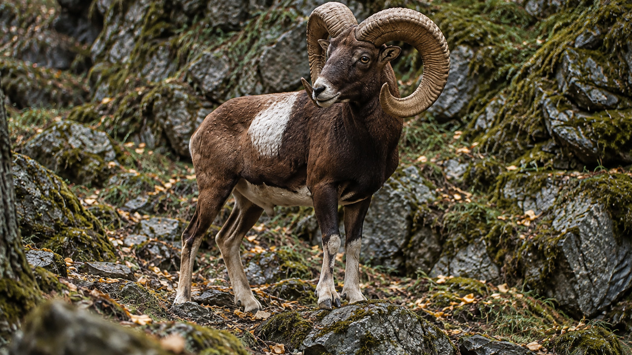 Une caméra piège capture un puissant mouflon mâle traversant un versant ...