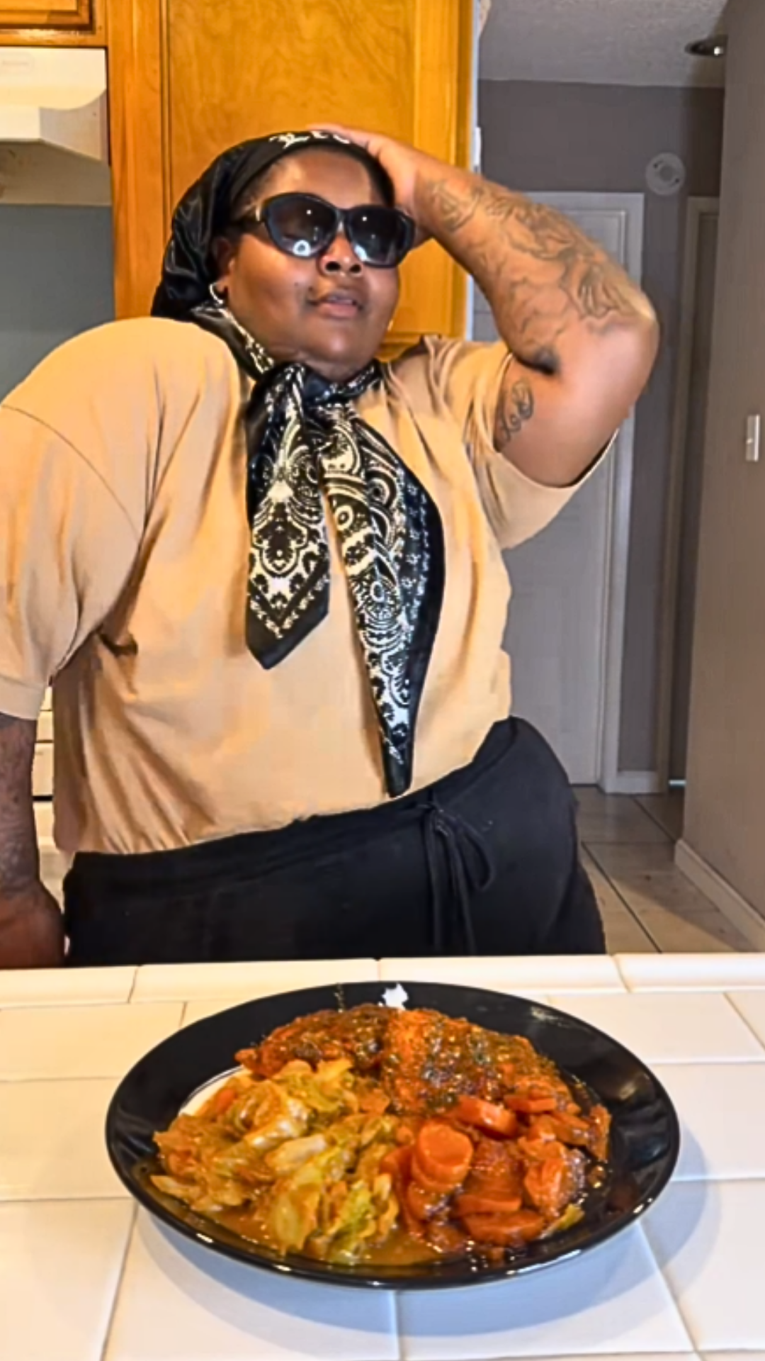 A simple meal with cabbage yam and salmon
