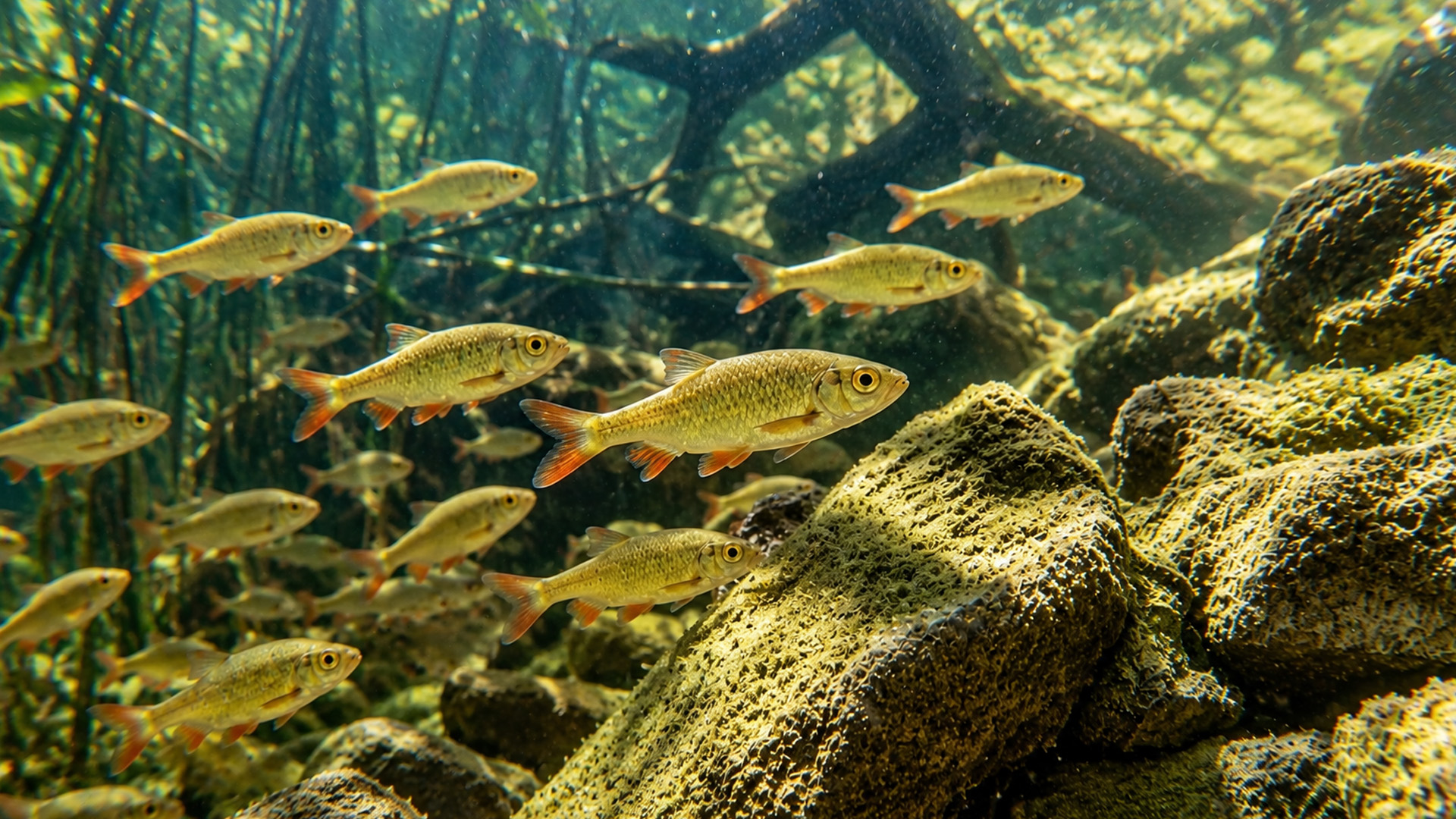 Common rudd swim together through a rocky stream on hidden camera