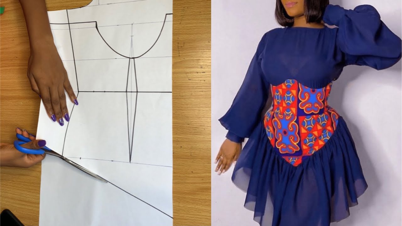 Gathered dress with a basque effect and corset pattern