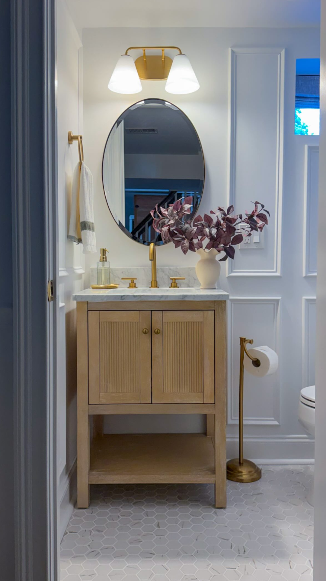 Powder room makeover with warm natural details