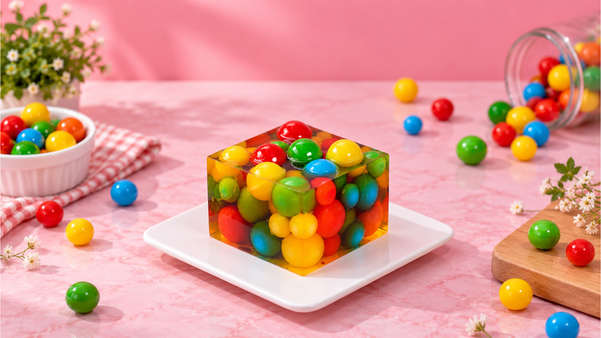 Bright candy pieces inside clear jelly
