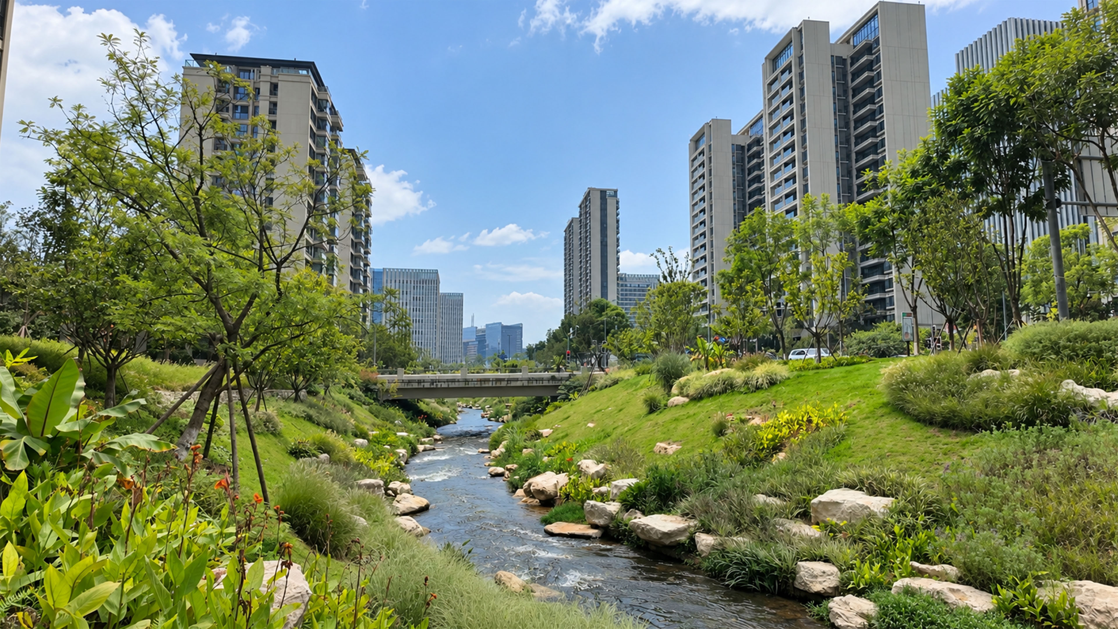 A green stream runs through this modern high rise community in China