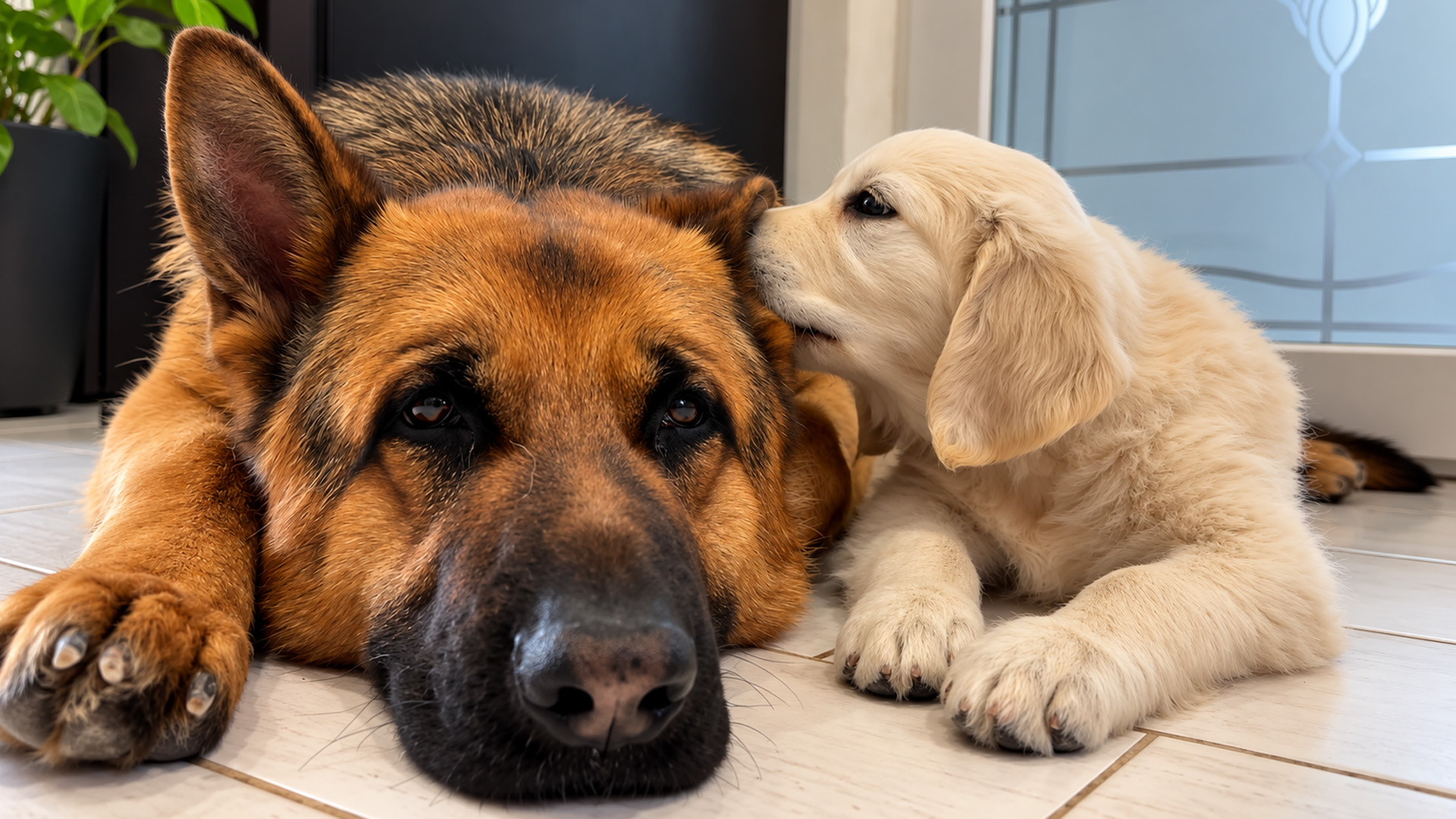 Golden retriever puppy wins over gentle German shepherd