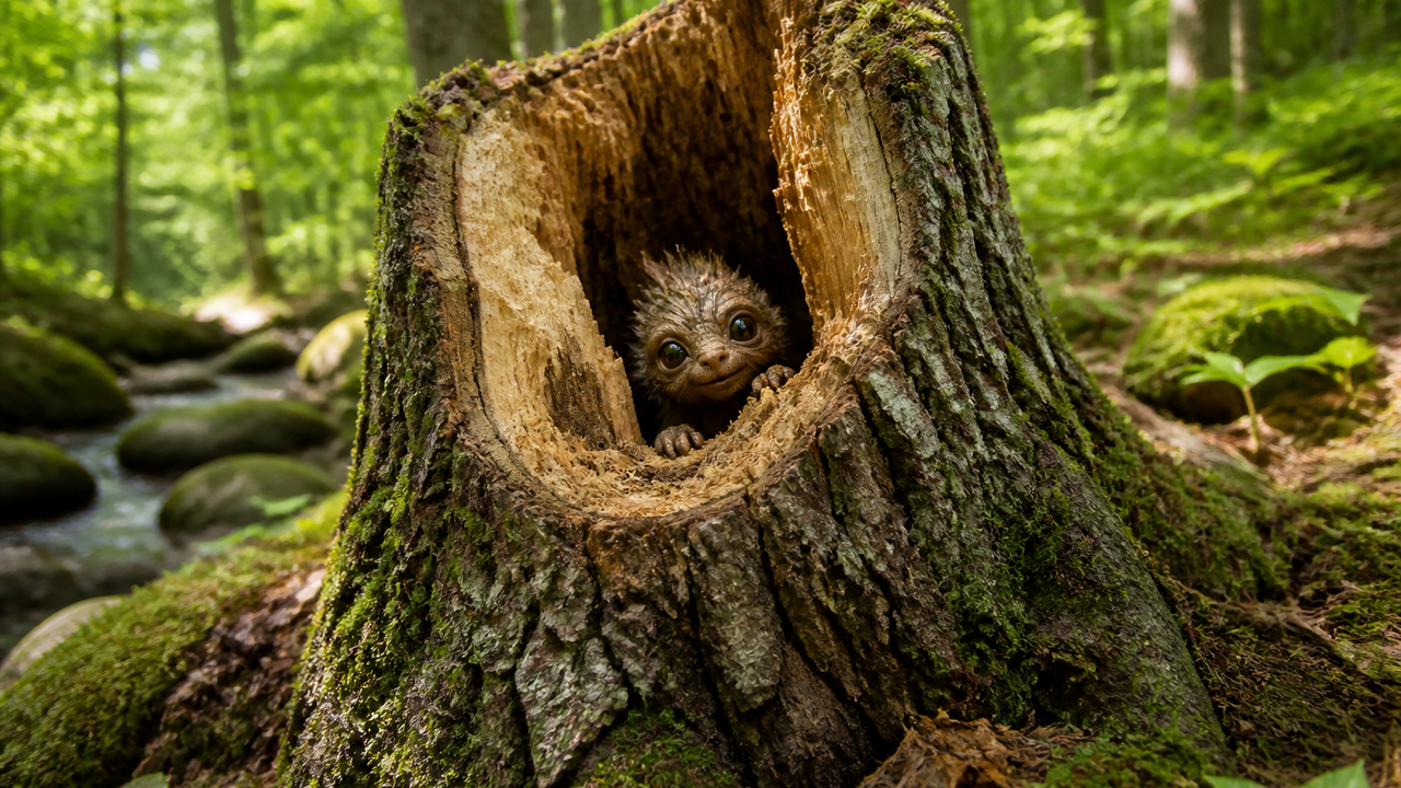 Ancient oak stump is cut open to reveal a creature living inside