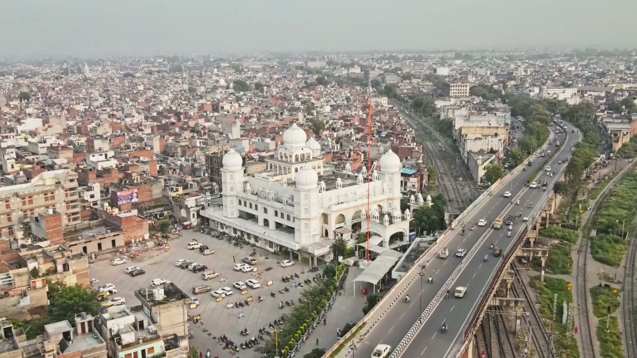 Chandigarh, India: Drone glides over concrete geometry