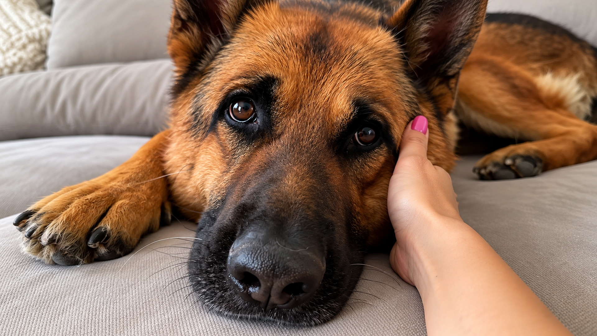 German shepherd melts under mom’s attention