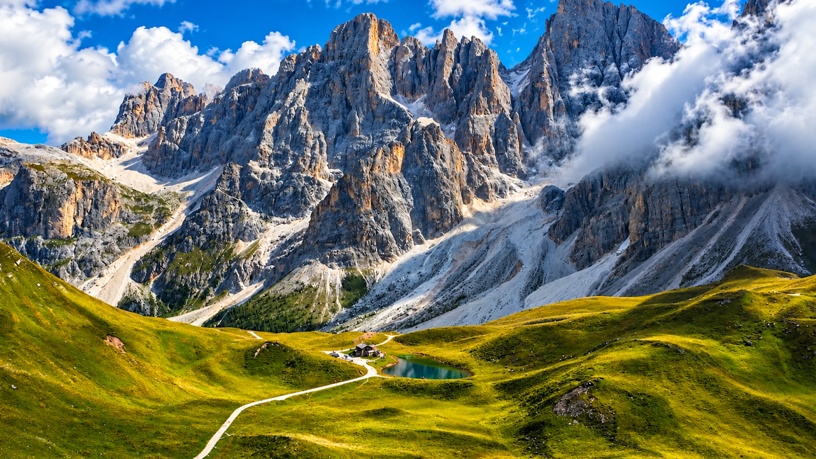 Jagged mountain peaks rise above a brilliant green alpine valley