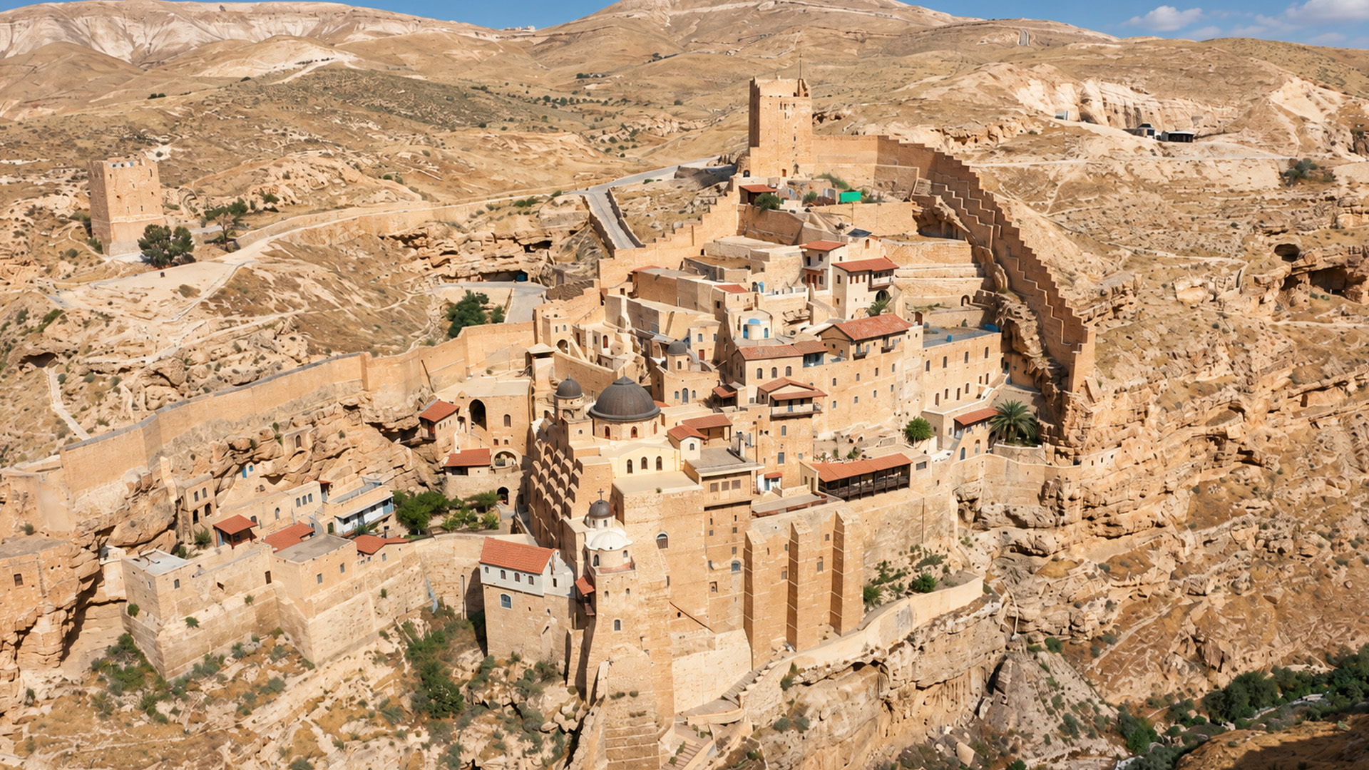 Buildings clinging to the walls of a desert canyon