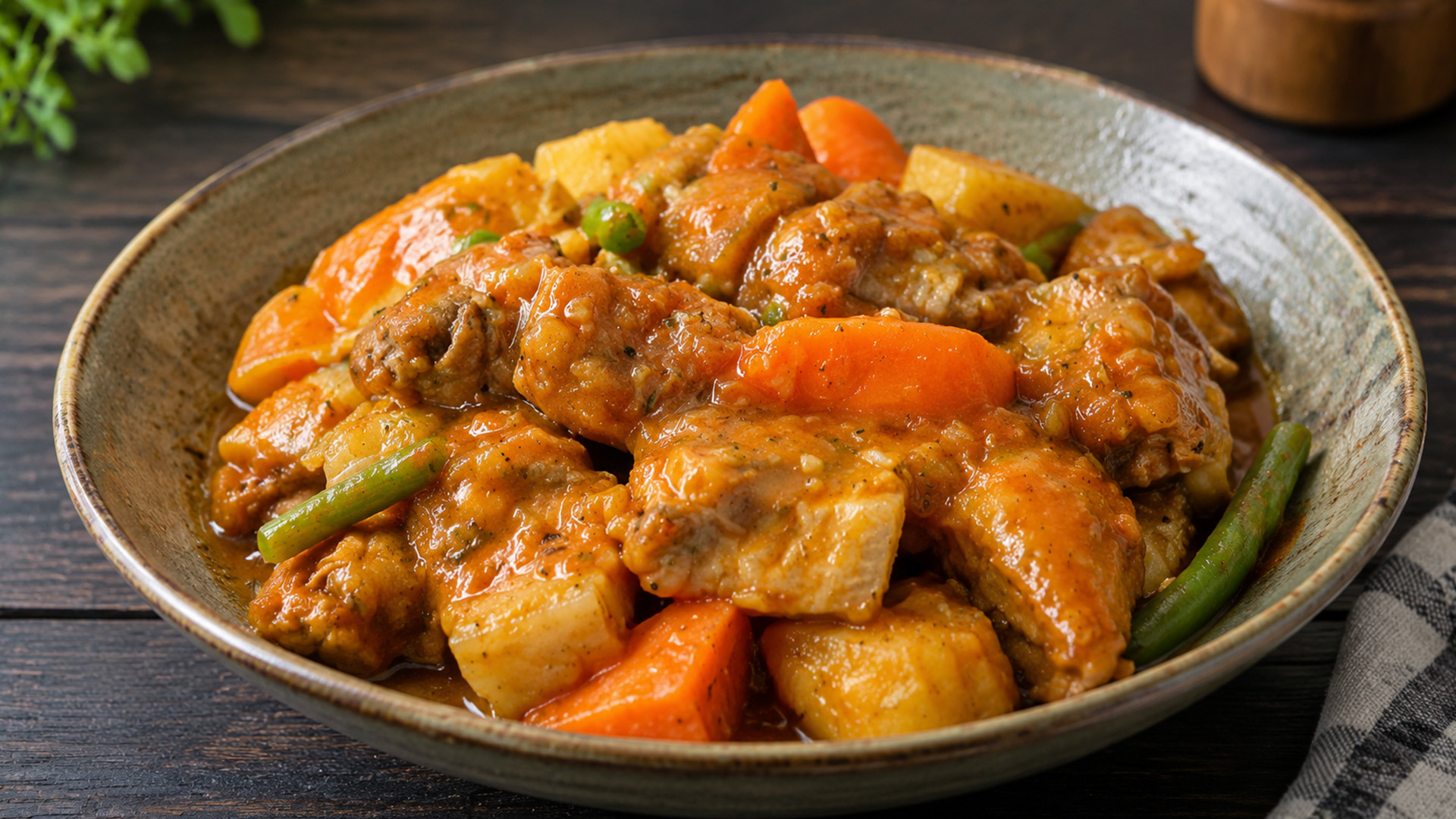 Tender pork belly stew with sweet saba bananas