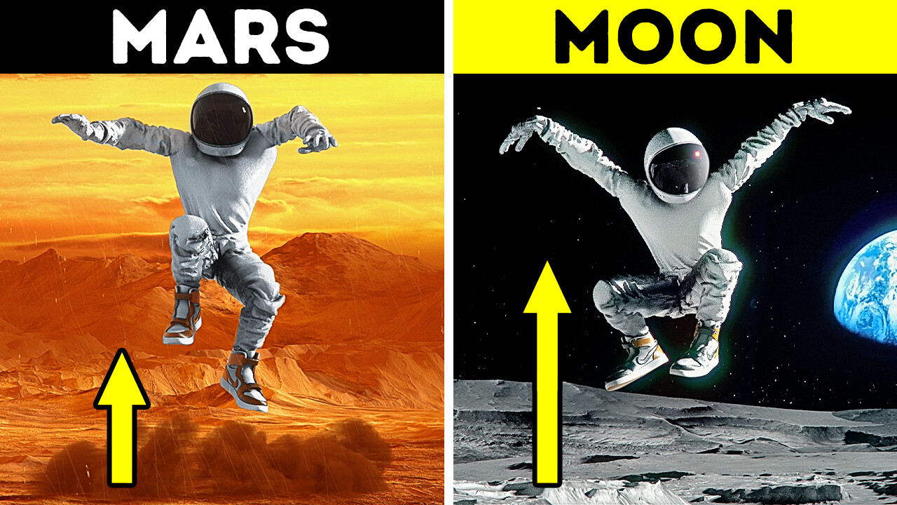 Gravity simulation comparison on different planets - 3D animation