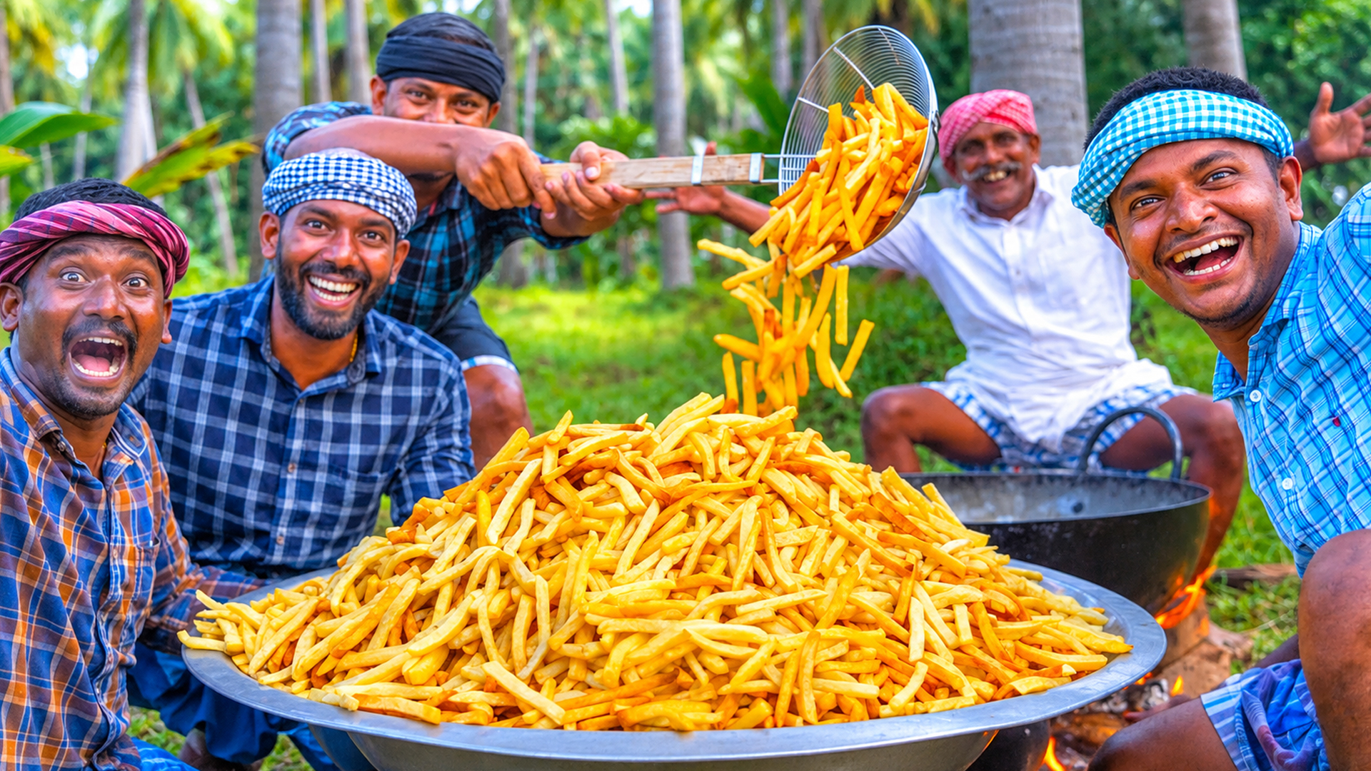Village chefs prepare a crunchy potato snack with homemade french fries
