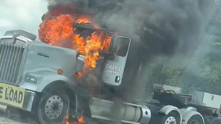 Driver safe after tractor-trailer erupts in flames on Highway 70