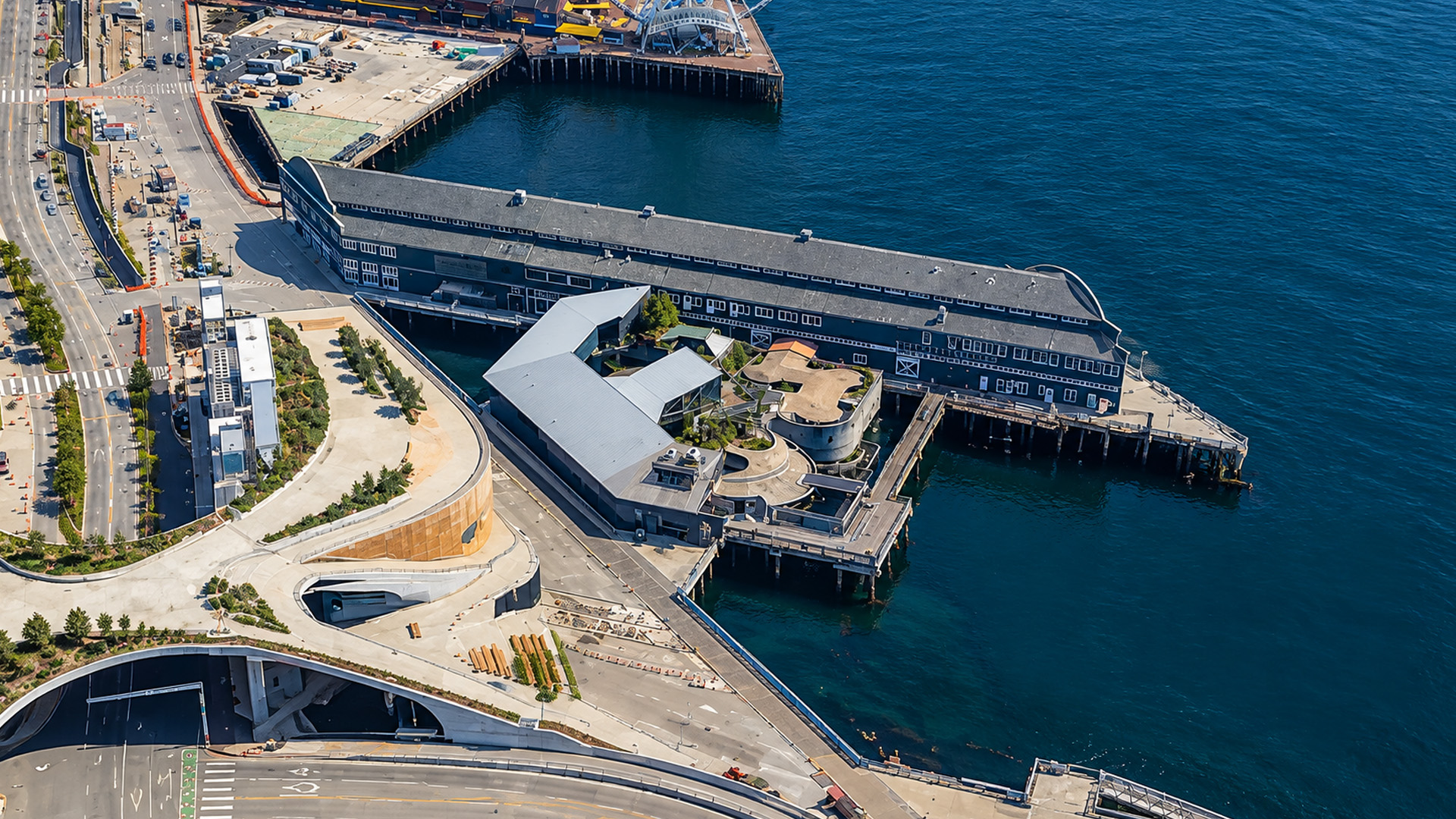 Seattle waterfront around the aquarium from the sky