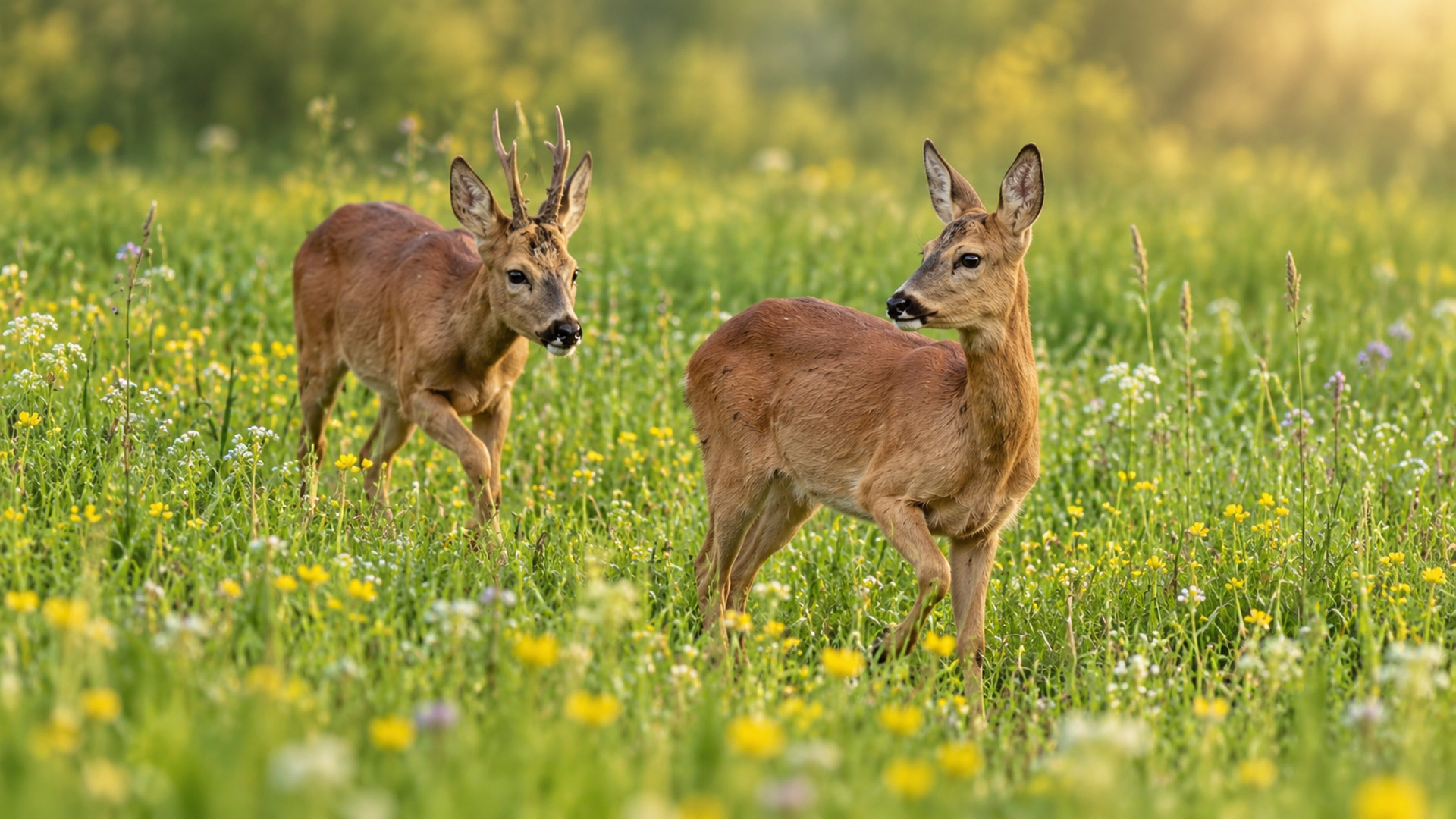 Hidden camera captures roe deer pair moving through a flowering meadow