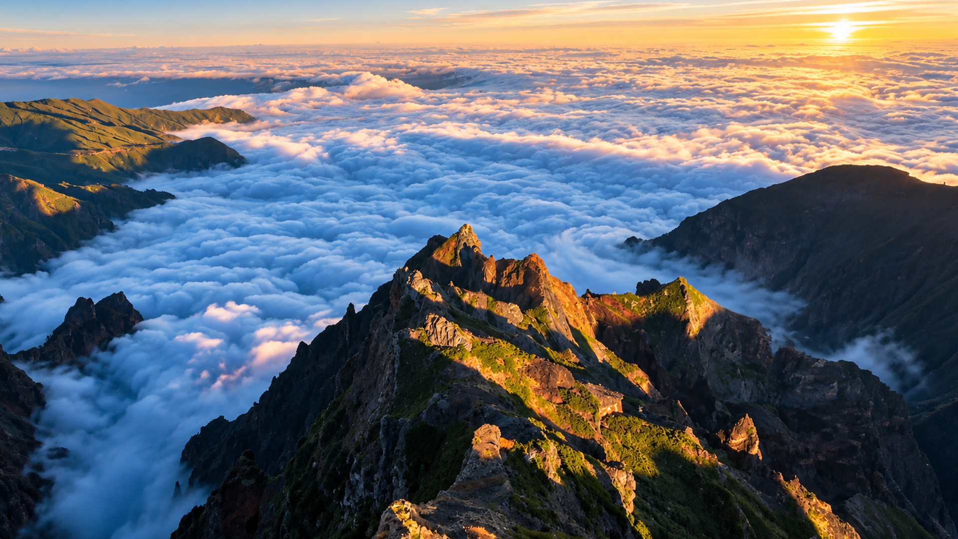 A narrow ridge suspended above thick cloud cover