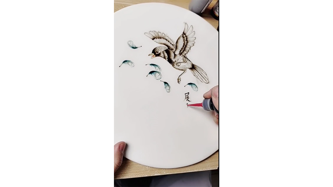 Drawing flying sparrow with ink creating detailed nature illustration