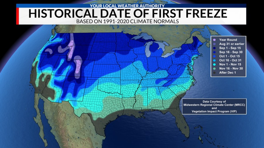 When does central Illinois typically see that first freeze?