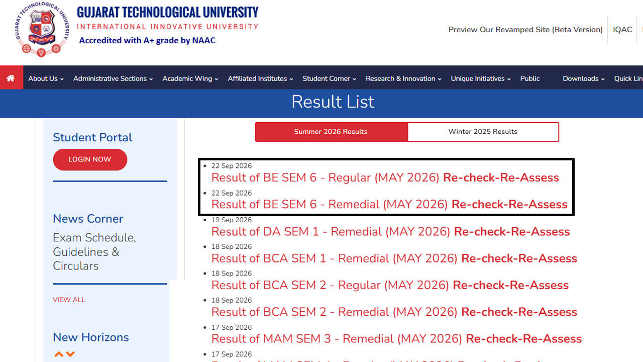 GTU declares BE semester 6 recheck and reassessment results 2026, check ...