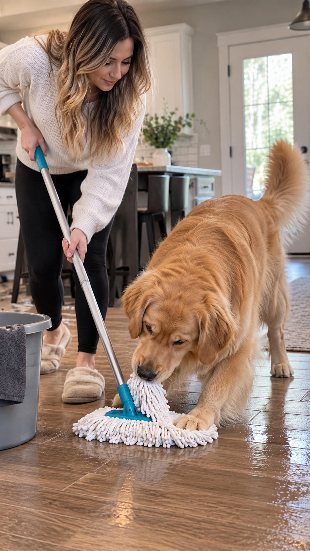 Golden retriever refuses to let mom clean