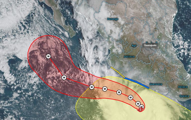 A trajetória provável manterá Polo paralelo à costa do México