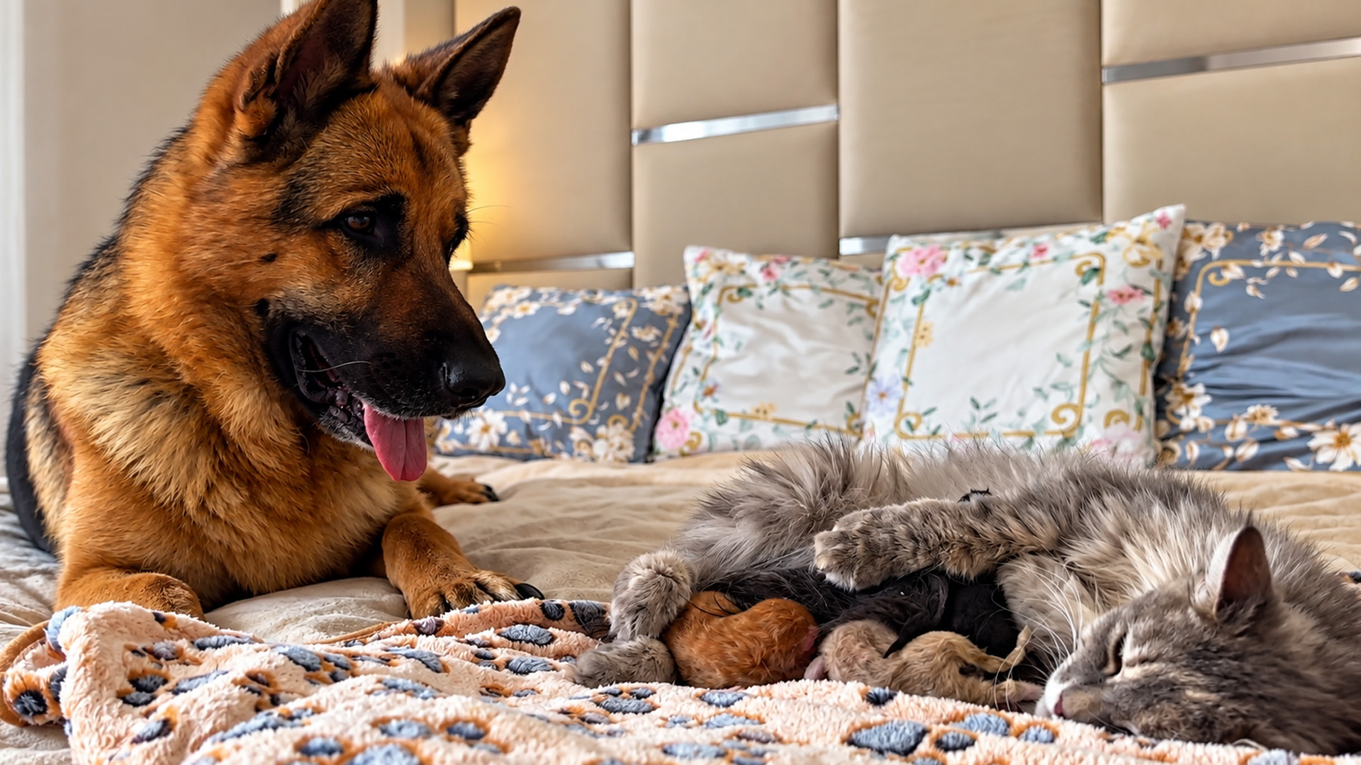 German shepherd keeps watch while mom cat feeds her kittens